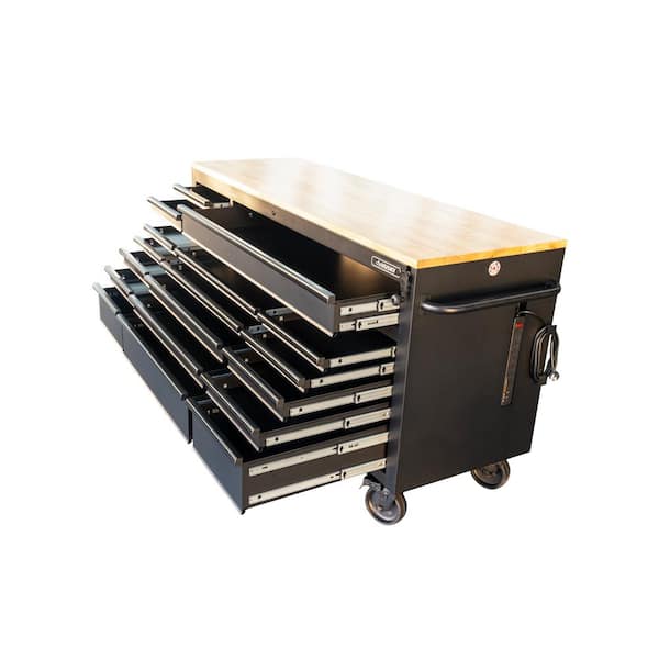Husky - 72 in. W x 24 in. D Heavy Duty 18-Drawer Mobile Workbench Cabinet with Adjustable-Height Hardwood Top in Matte Black