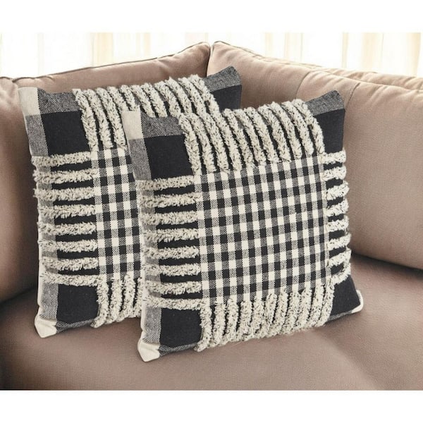 HomeRoots Black, Ivory Plaid Polyester 18 in. x 18 in. Throw Pillow (Set of 2)