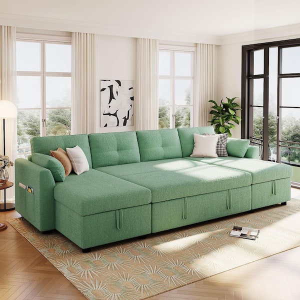 Gryndar 107.1 in. Teddy Fabric Upholstered U-shaped Storage Sectional Sofa Sleeper Sofa Bed in Green with USB ports
