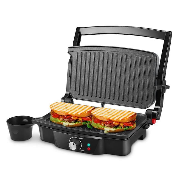 Black Panini Maker, Electric Sandwich Maker, 2-Slice Panini Press Grill with Non-Stick Coated Plates