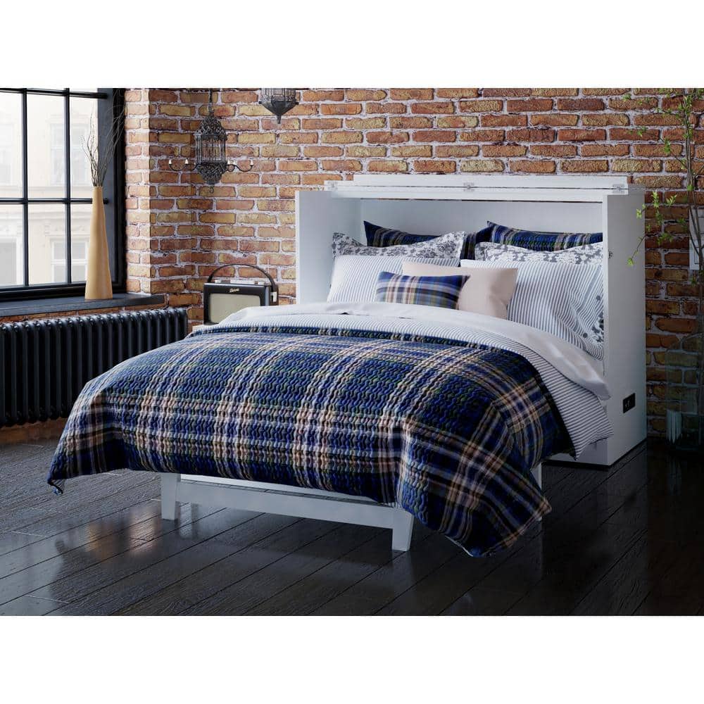 White Wood Frame Full Murphy Bed Chest with Storage Drawer