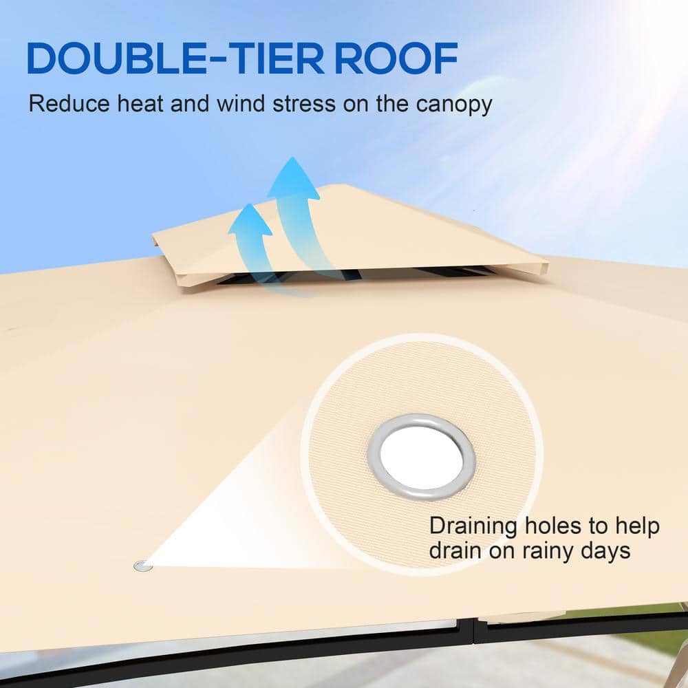 Beige Double Roof Outdoor Gazebo with Netting and Solid Metal Frame