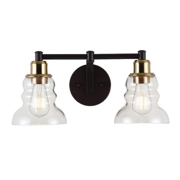 Manhattan Vintage 18.5 in. 2-Light Brass Gold/Oil Rubbed Bronze Metal/Glass Industrial Rustic LED Vanity Light
