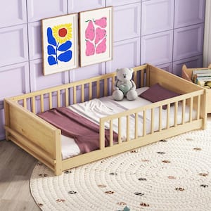 Natural Wood Frame Twin Size Floor Platform Bed with Book Storage Rack and Guardrails