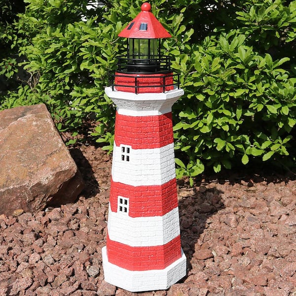 Solar Lighted Oceanside White & Red Lighthouse Outdoor Garden Statue 