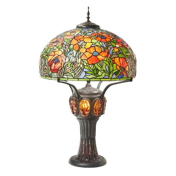 River of Goods Emma 36 in. Antique Bronze and Multi-Color Tiffany-Style Poppies Stained Glass Table Lamp