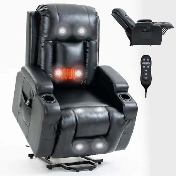 Black Power Lift Recliner Chair with 8-Point Vibration Massage and Lumbar Heating, USB Charging Port, Cup Holders