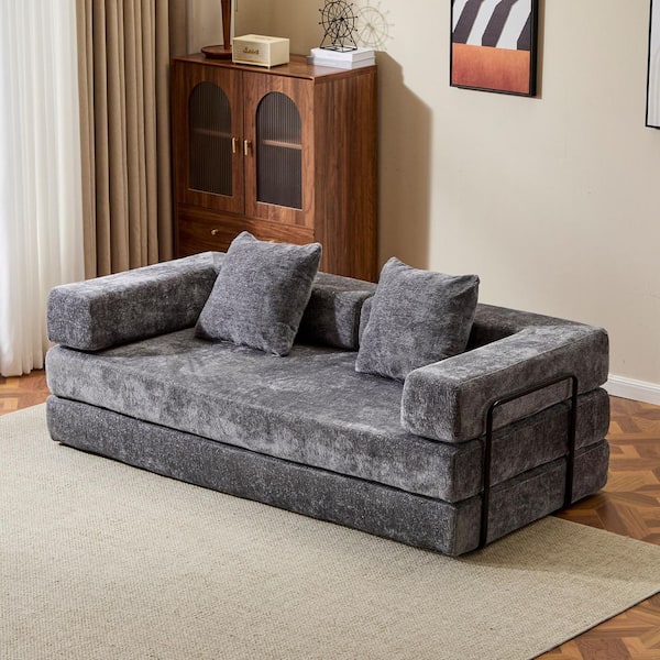 76.77 in. Dark Grey Chenille Queen Size Convertible Sofa Bed with Pillow Back, Compressed and No Assembly Required