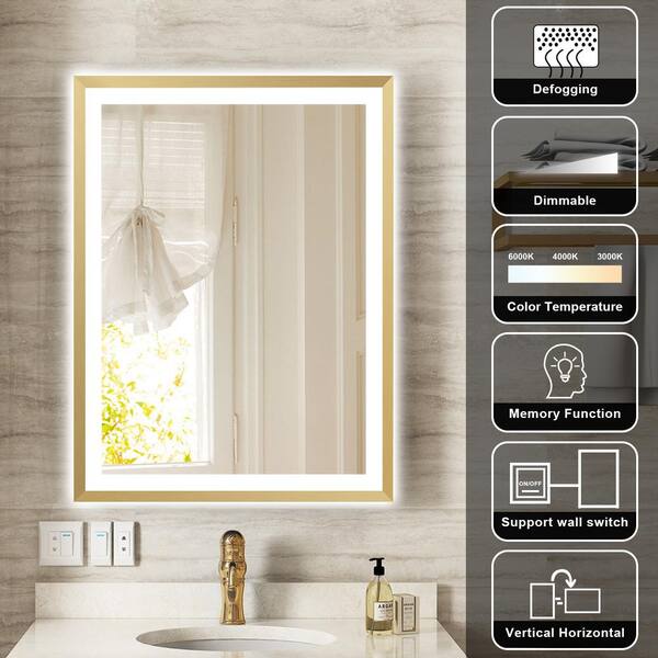 LUKY 24 in. W x 32 in. H Rectangular Single Aluminum Framed Antifog Dimmable Wall Bathroom Vanity Mirror in Brushed Gold