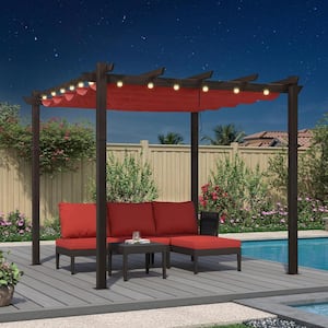 10 ft. x 10 ft. Bronze Aluminum Frame Morden Pergola with Red Retractable Sun Shade Canopy and String Lights