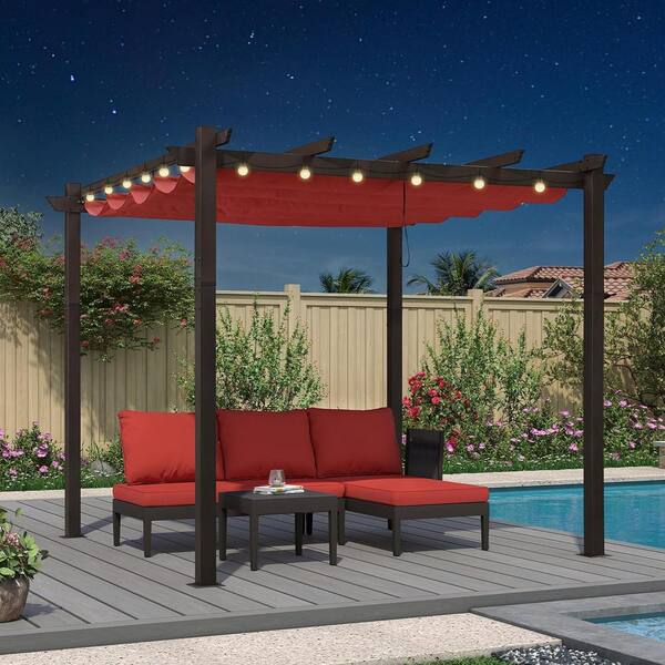 PURPLE LEAF 10 ft. x 10 ft. Bronze Aluminum Frame Morden Pergola with Red Retractable Sun Shade Canopy and String Lights