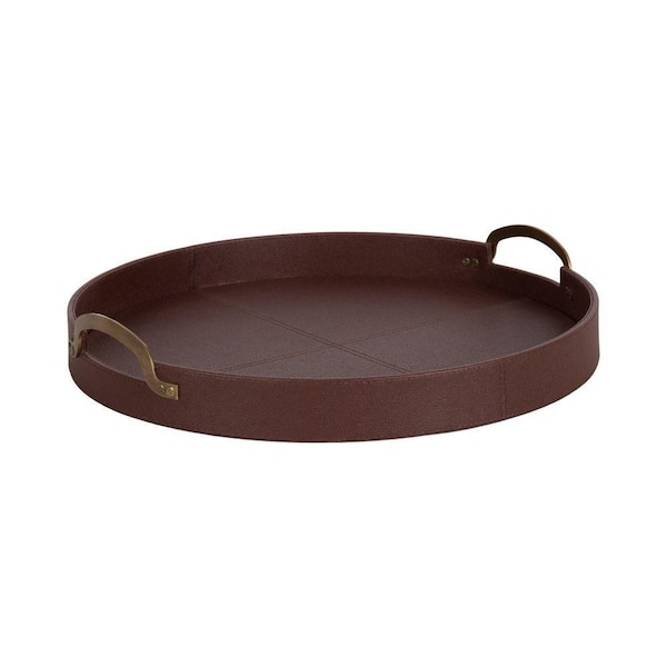 Kate and Laurel Oxbury Brown/Gold Round 18 in. Faux Leather Decorative Tray