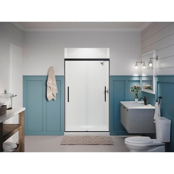KOHLER Pleat 45-48 in. W x 79 in. H Frameless Sliding Shower Door in Matte Black with 5/16 in. Thick Frosted Glass