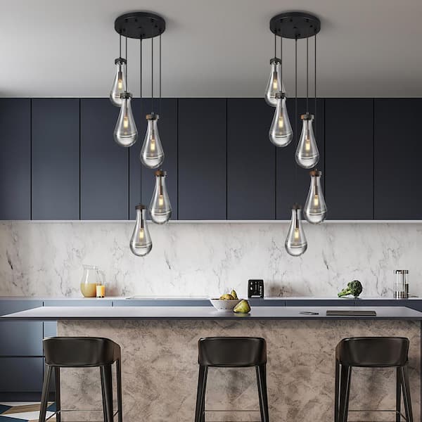 Raindrop 60-Watt 5-Light Teardrop Black Hanging Light Fixtures Modern Clear Solid Glass Pendant Light for Kitchen