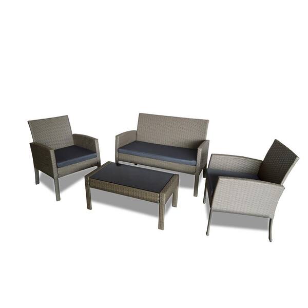 Patio Post Classic Grey 4-Piece Wicker Patio Conversation Seating Set with Grey Cushion