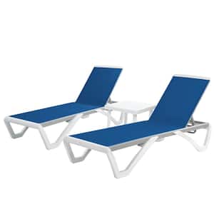 Full Flat Aluminum Patio Reclining Adjustable Chaise Lounge with Blue Textilence and Table