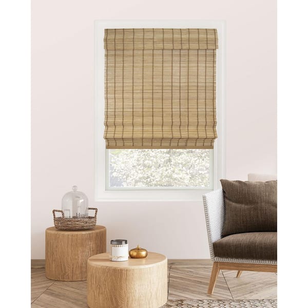 Premium True-to-Size Brown Deer Cordless Light Filtering Natural Woven Bamboo Roman Shade 29 in. W x 64 in. L