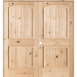 56 in. x 80 in. Rustic Knotty Alder 2-Panel Arch Top VG Right Handed Solid Core Wood Double Prehung Interior French Door