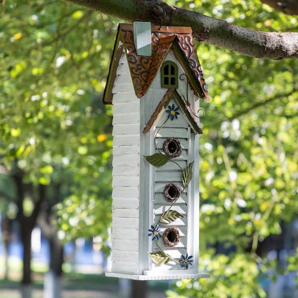 24.25 in. H Oversized Washed White 3-Tiered Solid Wood Villa Decorative Outdoor Garden Birdhouse