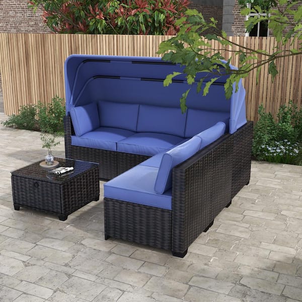 Runesay Brown 4-Piece Wicker Outdoor Sectional Set with Lifting Table and Ottoman Antique Blue Cushions