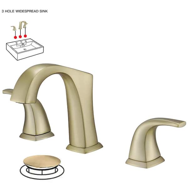 BWE 8 in. Widespread Double Handle Black Bathroom Faucet Set 3-Holes Vanity Sink With Metal Drain In Brushed Gold