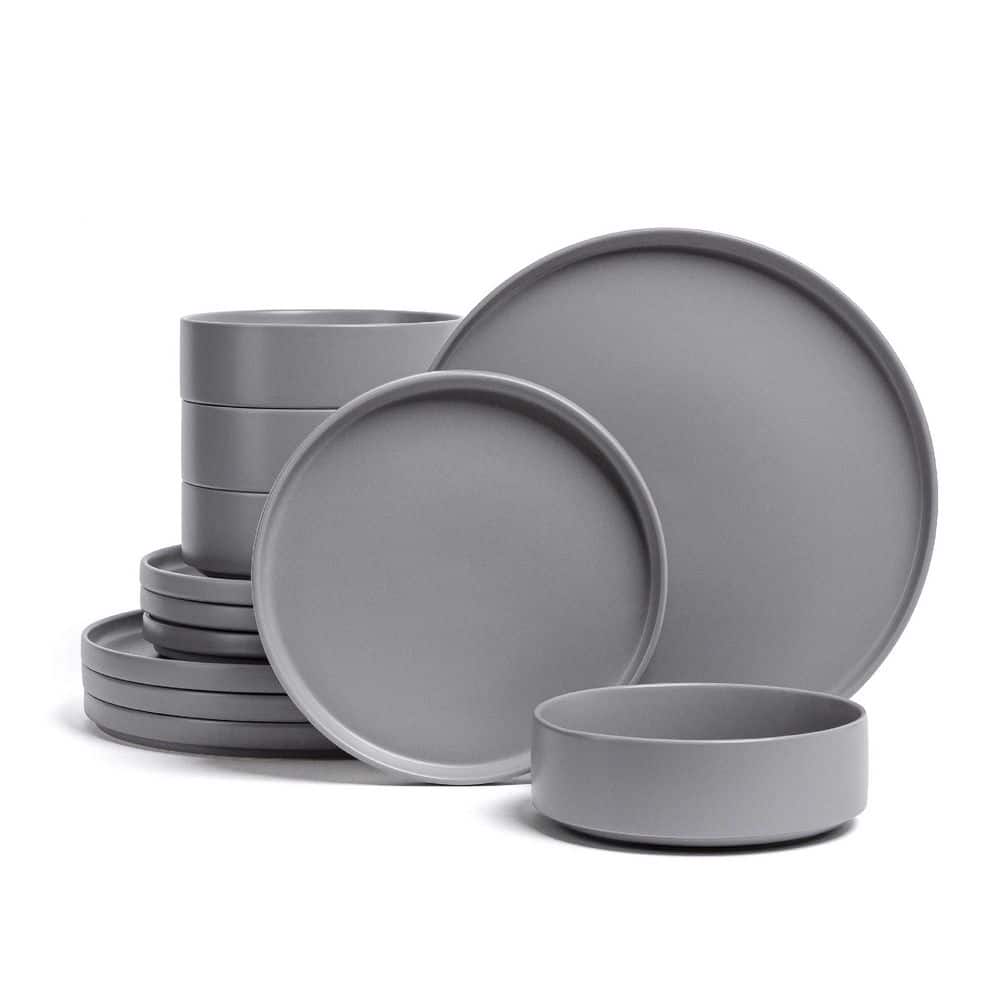 Over and Back Stackable 12-Piece Semi-Matte Charcoal Hand-Finished
