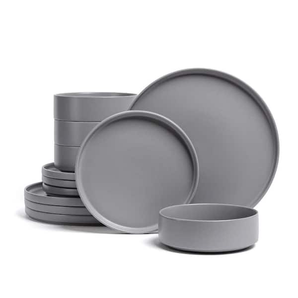 Stackable 12-Piece Semi-Matte Charcoal Hand-Finished Stoneware Dinnerware Set, Service for 4