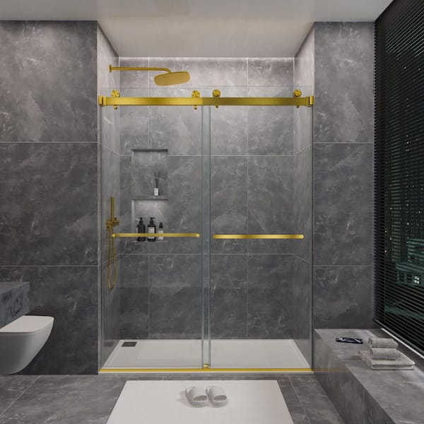 60 in. W x 80 in. H Sliding Frameless Shower Door in Brushed Gold with 3/8 in. Clear Glass