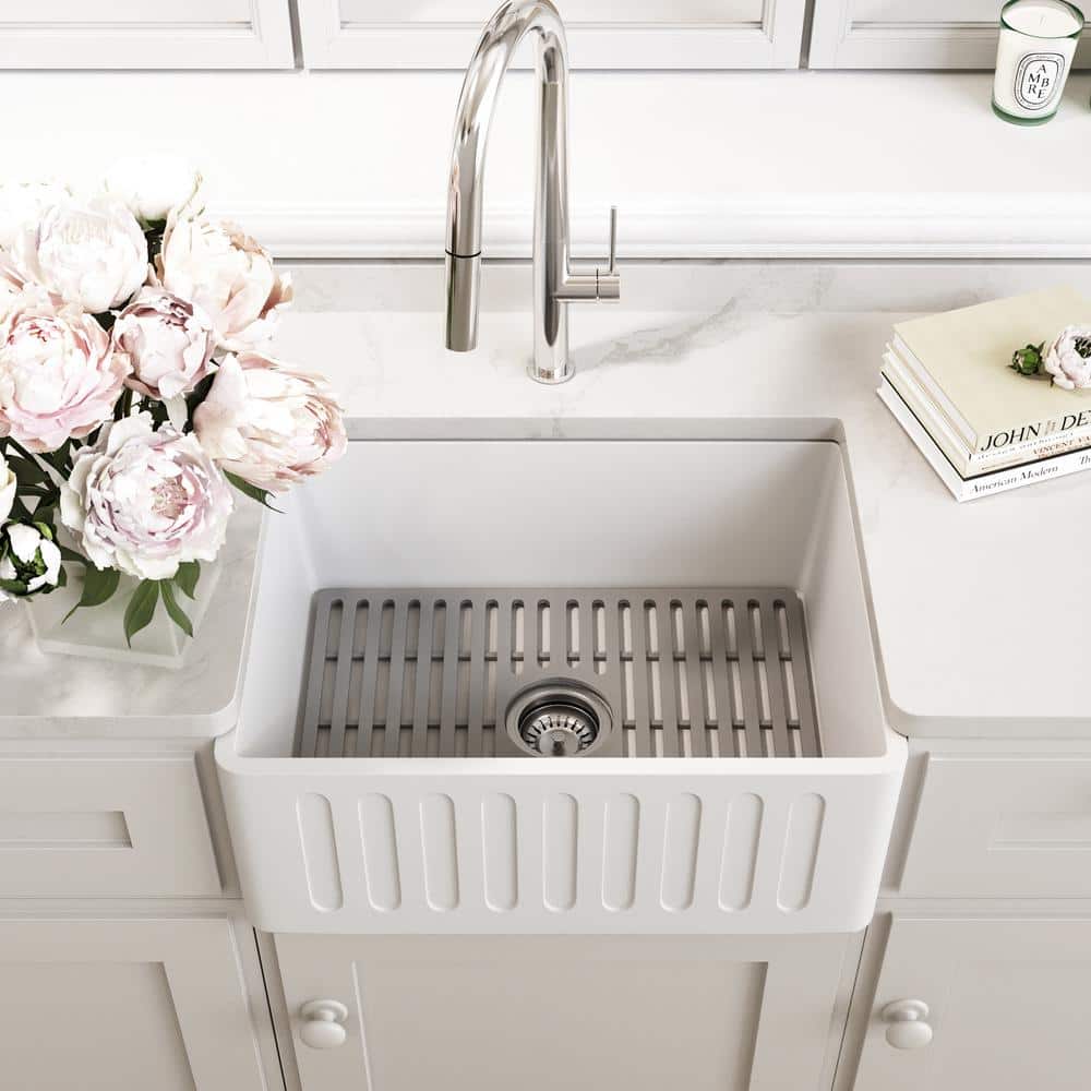 Matte White Stone 24" Single Bowl Farmhouse Kitchen Sink