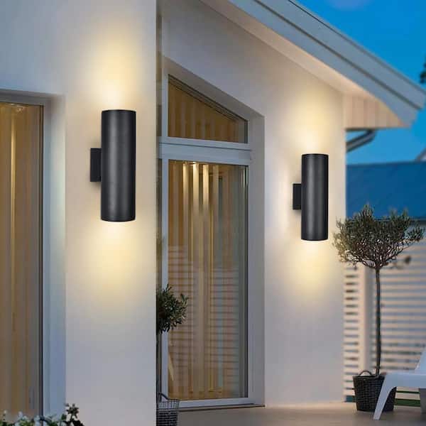 RRTYO 2-Light Matte Black Outdoor Cylinder Mount Wall Lantern Light Sconce