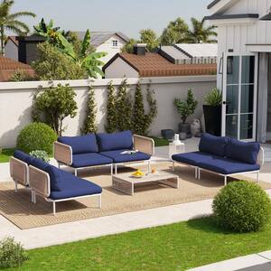 6-Piece Drawcord Metal Outdoor Sectional Set with Navy Blue Cushions