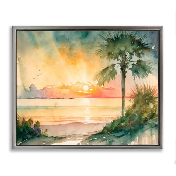 Stupell Industries Sunrise Through Palms by Svetlana Aleynikova Gray Floater Frame Nature Graphic Art Print 17 in. x 21 in.