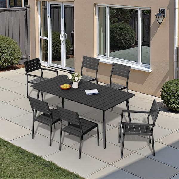 Pellebant 70 in. Black Aluminum Wood-Like Outdoor Dining Set with Umbrella Hole and Stackable Chairs (7 Pieces)