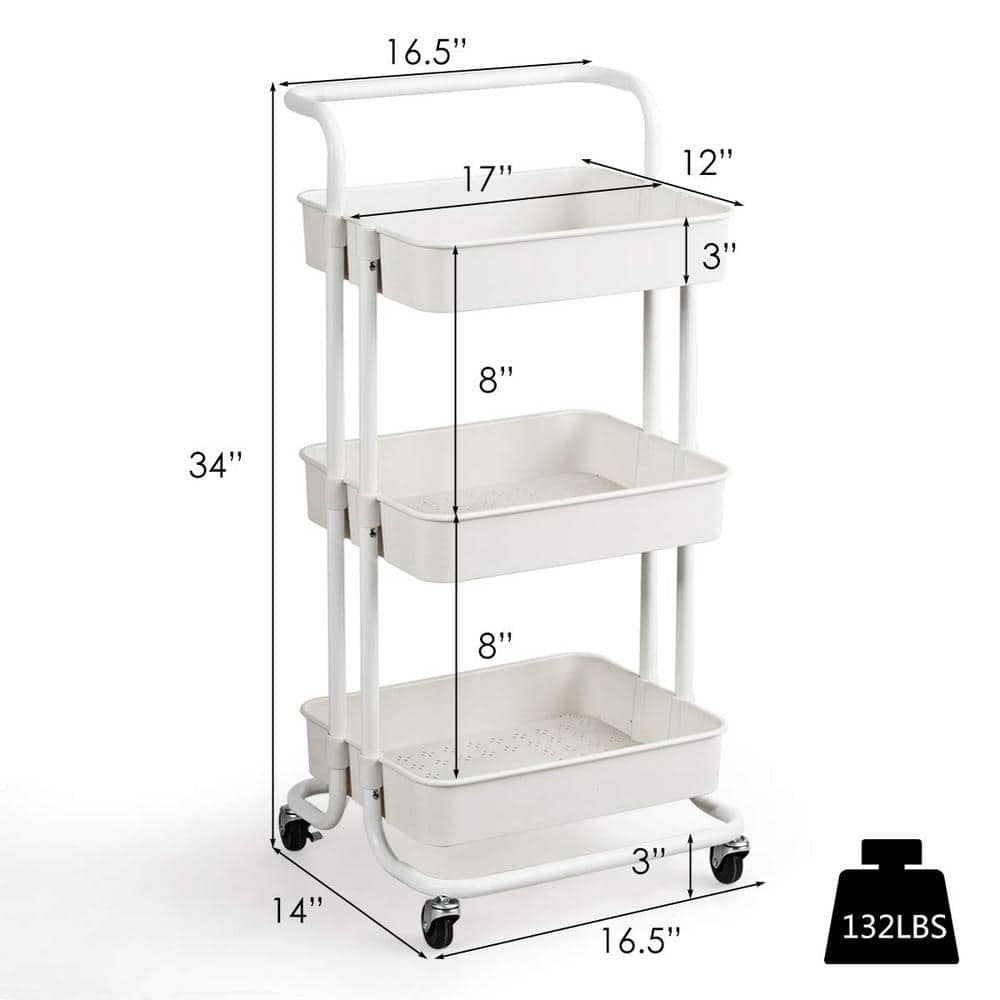 White 3-Tier Metal and ABS Rolling Utility Cart