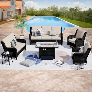 Mercury Brown 6-Piece Wicker Patio Rectangle Fire Pit Conversation Seating Set with Beige Cushions