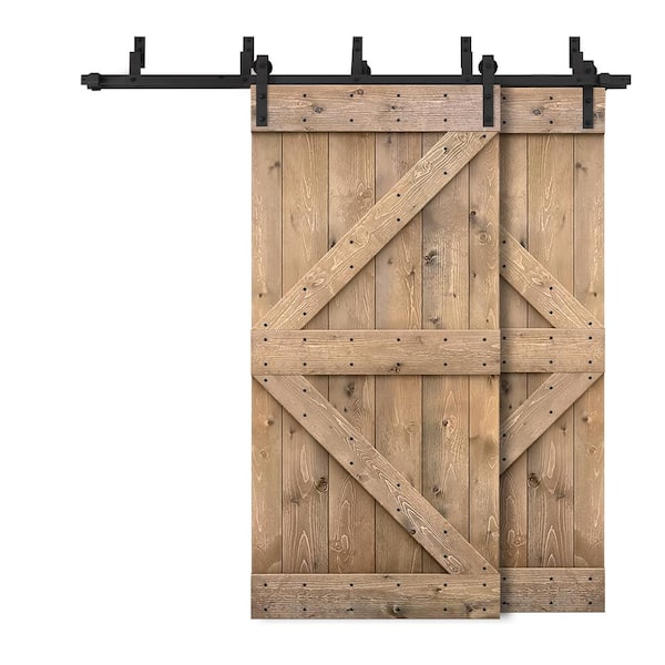 CALHOME 92 in. x 84 in. K Bypass Light Brown Stained DIY Solid Wood Interior Double Sliding Barn Door with Hardware Kit