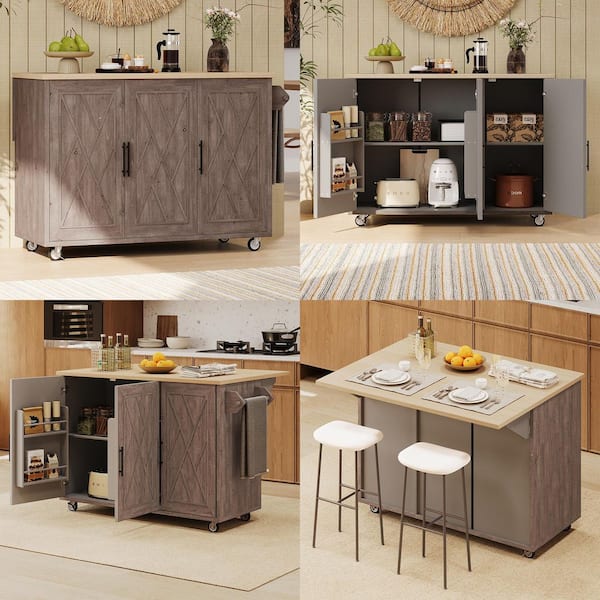Ximuprmy Brown Wood 51 in. Kitchen Island with Geometric Twill Stripe Textured Design, Drop Leaf and Storage for Kitchen Room