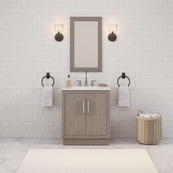 Water Creation Hugo 30 in. W x 22 in. D Bath Vanity in Grey Oak with Marble Vanity Top in White with White Basin and Gooseneck Faucet