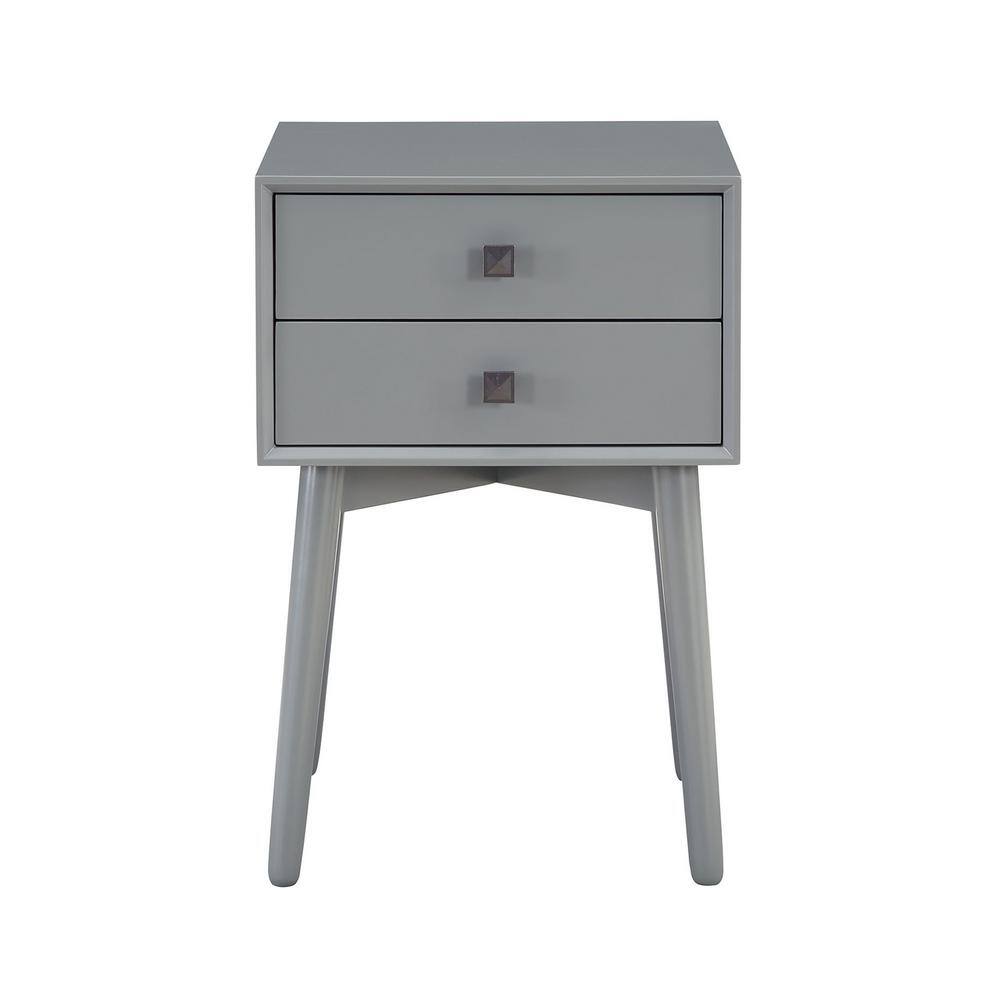Gray Mid-Century Modern 2-Drawer Rubberwood Nightstand