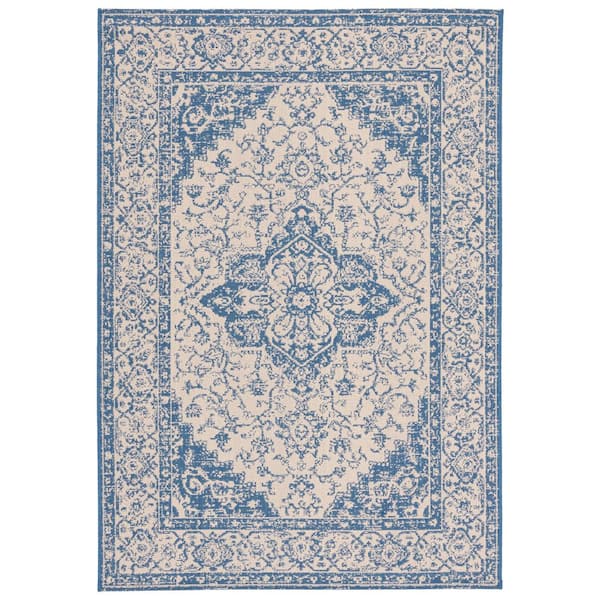 Beach House Cream/Blue Doormat 2 ft. x 4 ft. Border Floral Indoor/Outdoor Area Rug