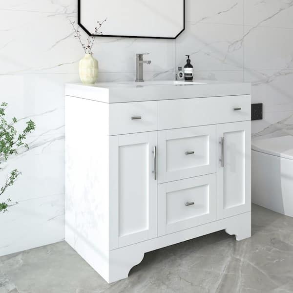 Agnea 36 in. W x 21 in. D x 35 in. H Single Sink Freestanding Bath Vanity in Matte White with White Quartz Top