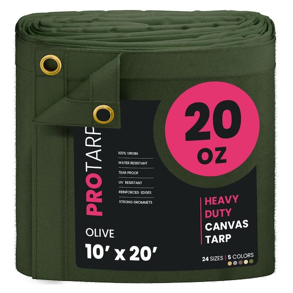 PROTARP Extreme Heavy Duty 20 Oz. Water Resistant Canvas Tarp, UV Resistant Tarpaulin Cover Olive 10 x 20