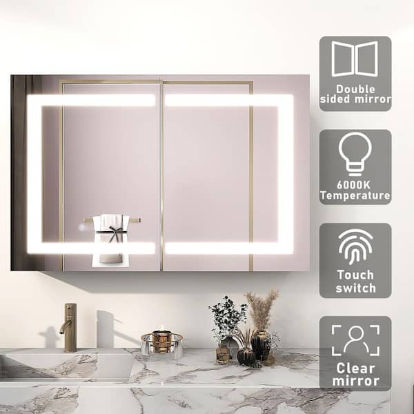 Modern 36 in. W x 24 in. H Silver Metal Framed Wall Mount/Recessed Bathroom Medicine Cabinet with Mirror LED Anti-Fog