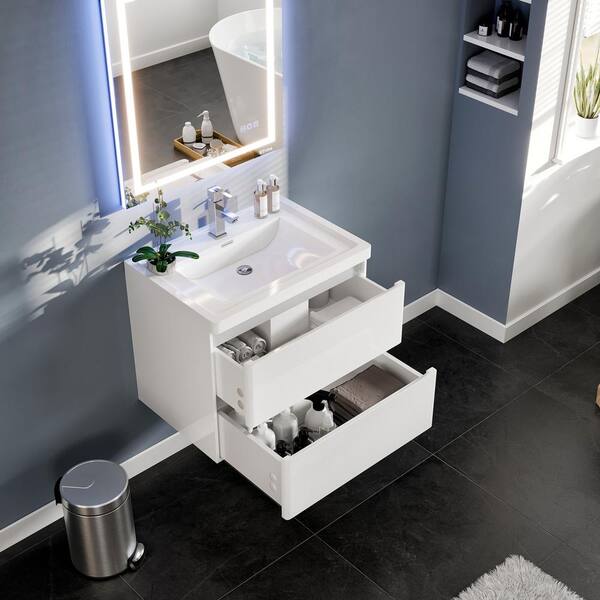 Glazzy 28 in. W x 18.75 in. D x 22 in. H Floating Bathroom Vanity in White with White Acrylic Top with White Sink