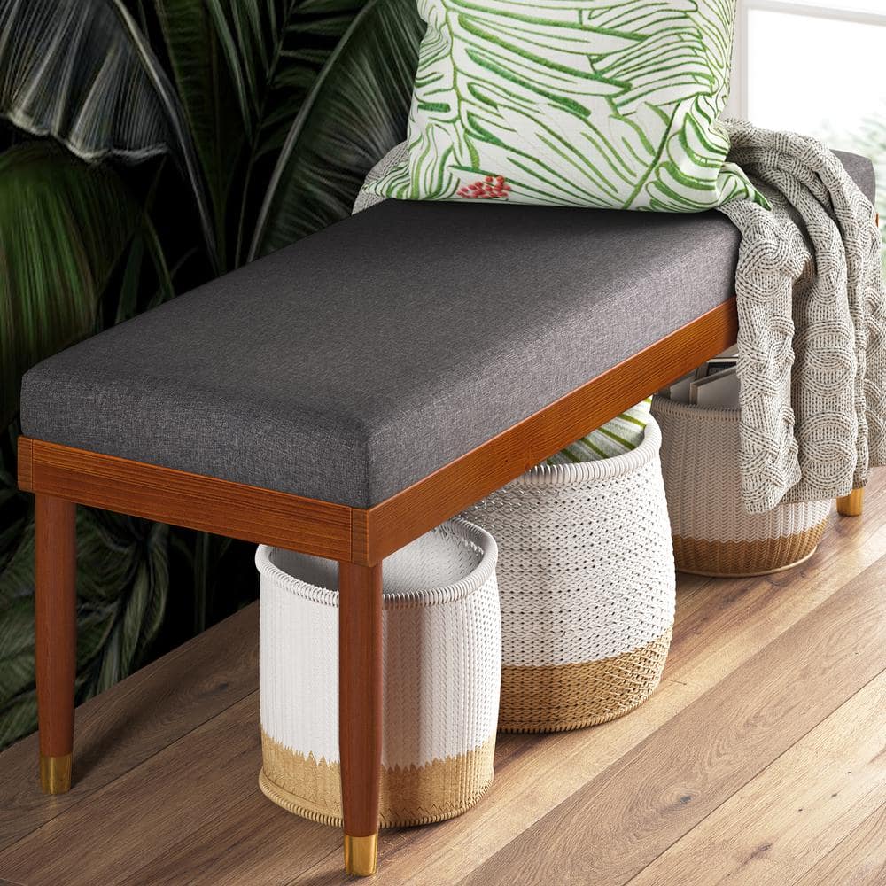 Raymond Mid-Century 48" Grey Upholstered Bench with Brass-Tipped Legs