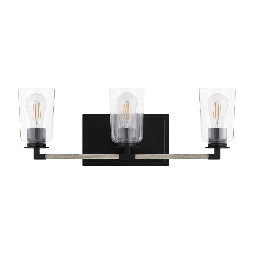 Walsh 24 in. 3-Light Black Coastal Bathroom Vanity Light with Bleached Oak 