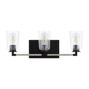 Walsh 24 in. 3-Light Black Coastal Bathroom Vanity Light with Bleached Oak Accents and Clear Glass Shades