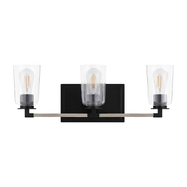 Home Decorators Collection Walsh 24 in. 3-Light Black Coastal Bathroom Vanity Light with Bleached Oak Accents and Clear Glass Shades