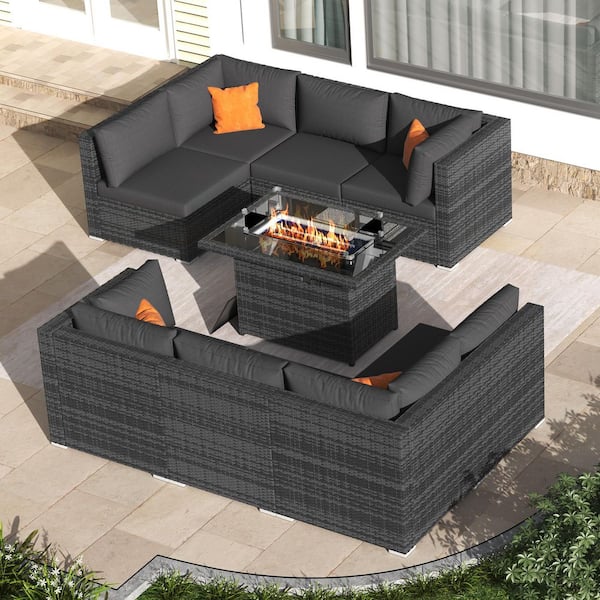 Unbranded 9-Pieces Gray Wicker Outdoor Sectionals Patio Furniture Set Conversation Set with Fire Pit Table and Dark Gray Cushions