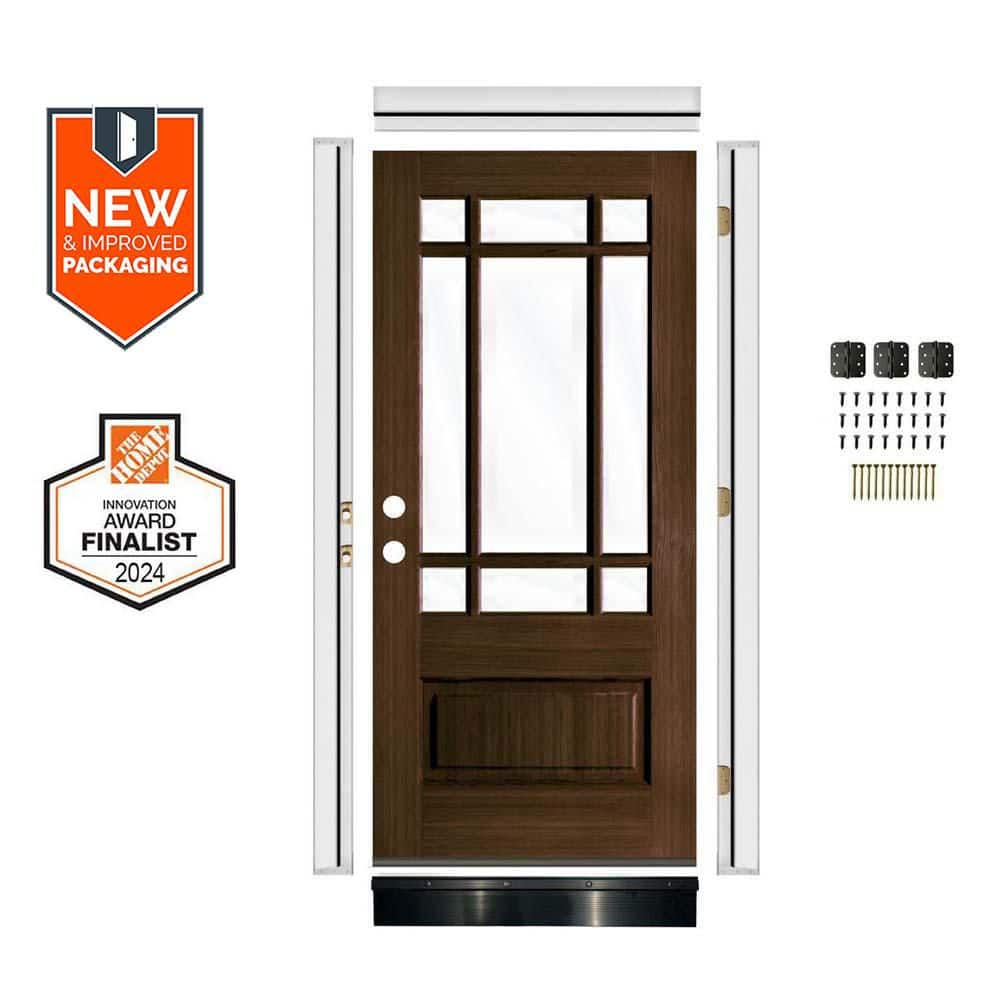 DIY 36 in. x 80 in.Prairie Hemlock RightHand 9 Lite Clear Glass Black Stain Wood Front Door Kit w/ Quick Assemble Jamb price history on PriceWatchPro